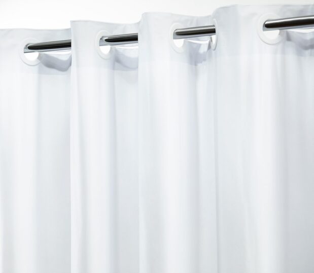 Detail of hookless shower curtain in Cruise-Vinyl, White.