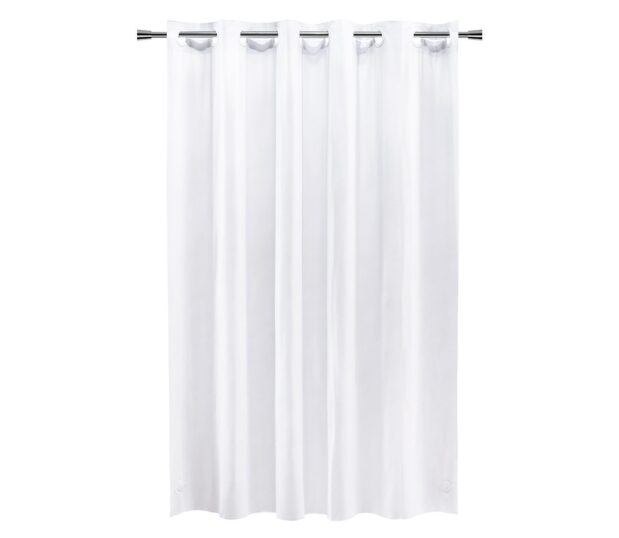 Full length silhouette of white hookless shower curtain in Cruise Vinyl. Shown hanging from a rod.
