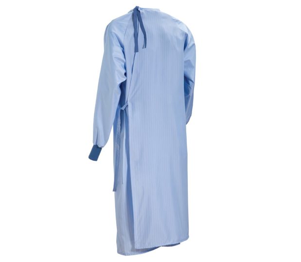 This is a back view of our ComPel® Reusable Surgical Gown. It is pale blue with blue pin striping, ties at the neck and side waist and meets AAMI PB70 Level 2 barrier standards.