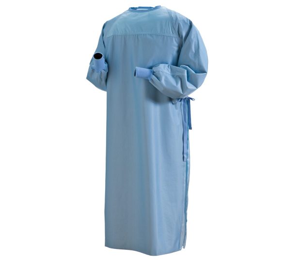 Silhouette of theProMax® Reusable Surgical Gown. It is a solid Aqua with knit cuffs and yoked front.