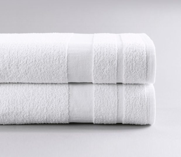 This is a stack of two Double Cam hospital bath towels. One band is wide and one band is narrow.