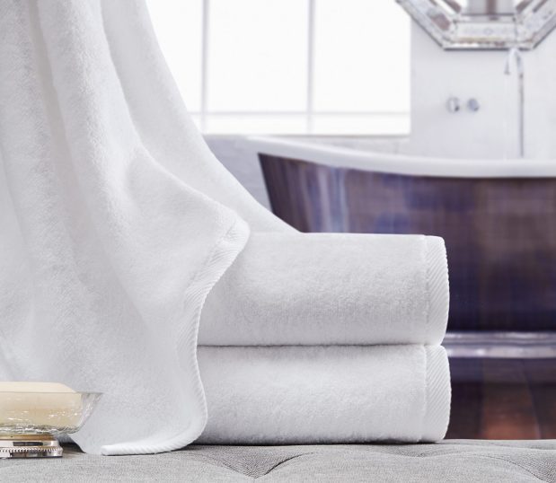 Vidori Towels are shown here in an elegant bathroom. These luxury hotel towels are at home in any 5-star htoel.