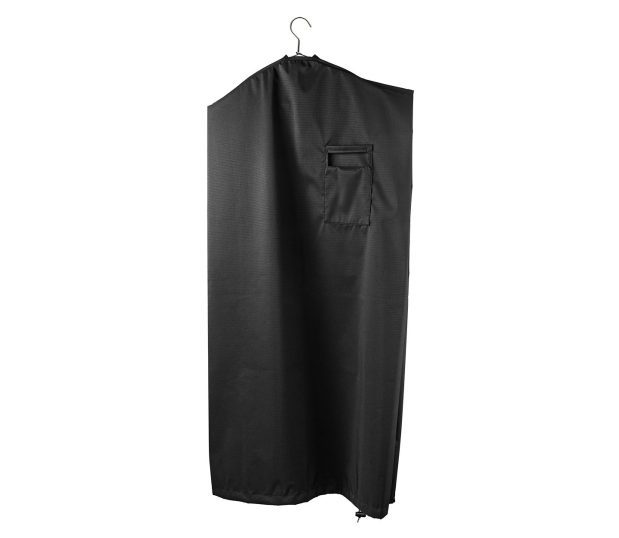 This is an image of the VersaValet Hybrid Garment & Laundry Bag hanging from a hanger. This hybrid bag serves the functions of both a garment bag and a laundry bag and eliminates the need for single-use plastic laundry and dry-cleaning bags in your guest rooms.
