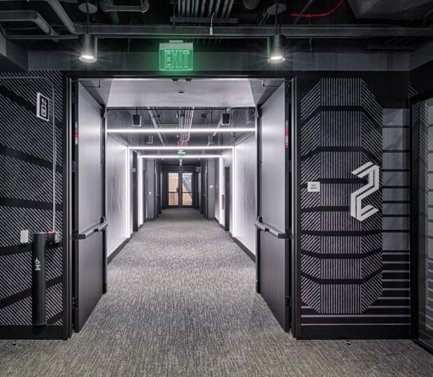 Office hallway with custom wallcovering.