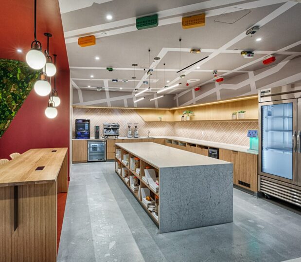 Cafe/Work area with custom wallcovering on the ceiling.