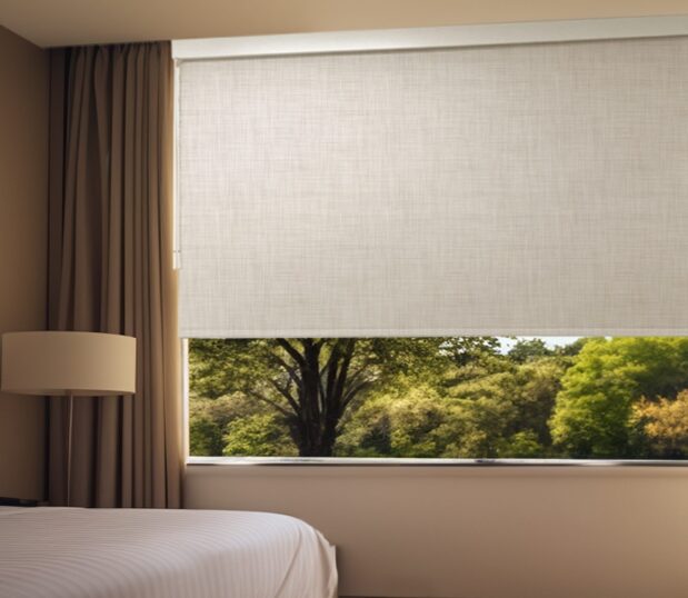 The Newton chain-free solar shade installed in a hotel guest room.