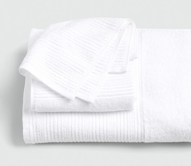 A stack of our Elevations Horizon patterned bath towels.